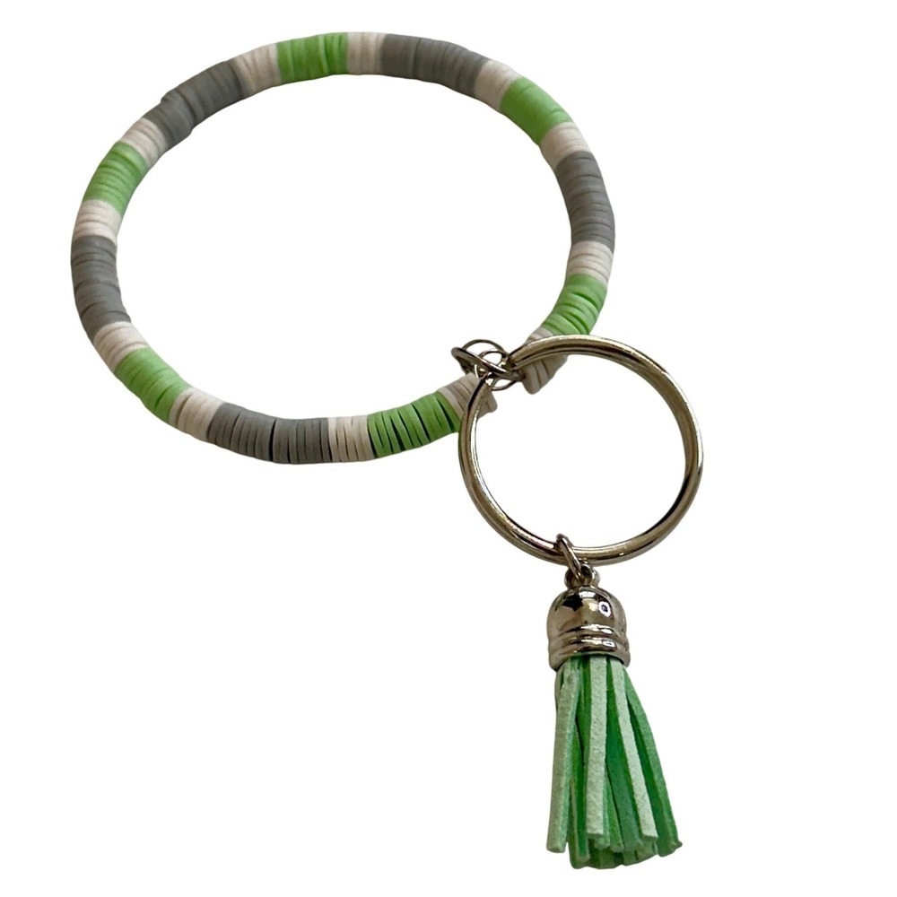 Handmade Silicone Bead Wristlet Keychain Green White Grey Tassel Bangle Ring‎